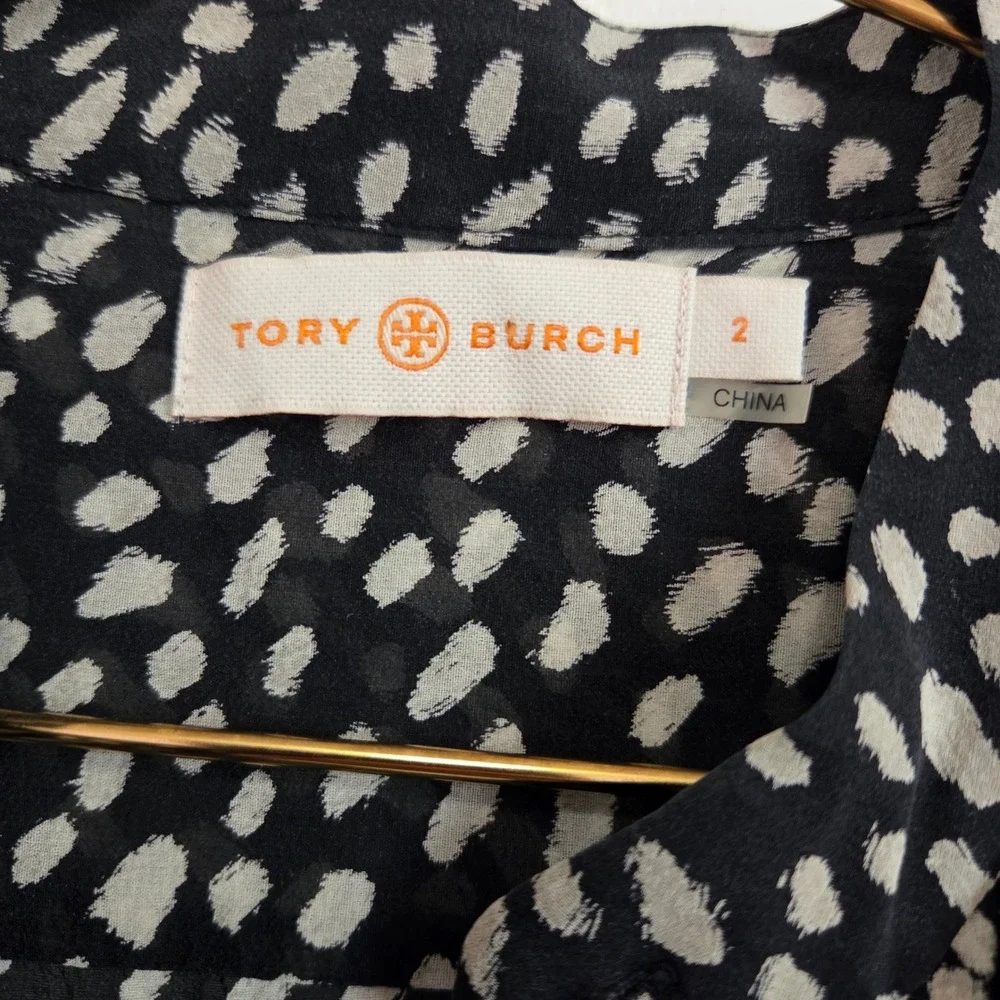 Tory Burch Black White Silk Ruffle Front Blouse Abstract Dot Print Size 2
